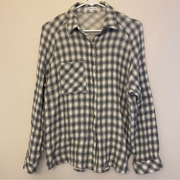 Aemi + Co plaid muslin gauze button up top checkered cotton black gray S - Picture 1 of 12